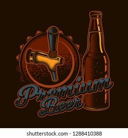 Original vector illustration in vintage style. A bottle of beer on the background of the cover and the beer tap