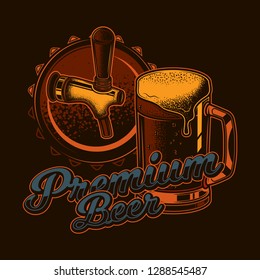 Original vector illustration in vintage style. Beer mug on the background of the lid and beer tap