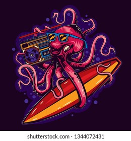 Original vector illustration in vintage style octopus and glasses and Boombox   surfing in hands 