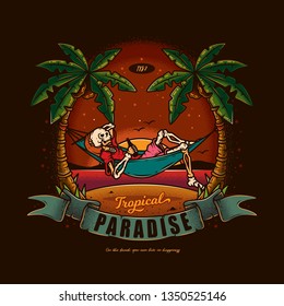 Original vector illustration in vintage style. Skeleton lying in a hammock with a bottle of beer in his hands, against the palm trees, the sea and sunset