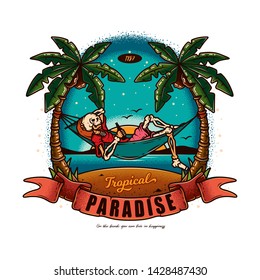 Original vector illustration in vintage style. Skeleton lying in a hammock with a bottle of beer in his hands, against the palm trees, the sea.