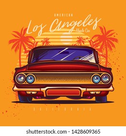 Original vector illustration in vintage style. Car convertible in retro style, on the background of palm trees and sunset