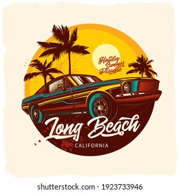 Original vector illustration in vintage style. Custom vintage car on the background of palm trees and the sun. Design a T-shirt, sticker, or poster.