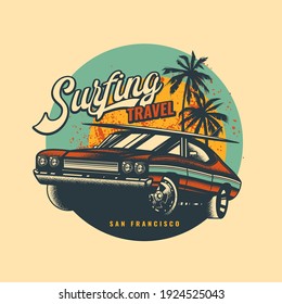 Original vector illustration in vintage style. Vintage car with surfing on the roof, against the background of palm trees and the sun.