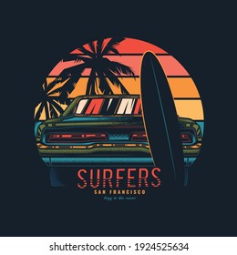 Original vector illustration in vintage style. Vintage car with a surfboard by the sea.