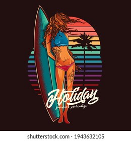 Original vector illustration in vintage style. Girl with tattoos on the background of surfing and sunset with palm trees.