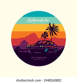 Original vector illustration in vintage style. Bright design in the spirit of the 80-90 years. Retro car on the background of palm trees and mountains.