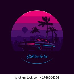 Original vector illustration in vintage style. Bright design in the spirit of the 80-90 years. Retro car on the background of the night city, palm trees and mountains.