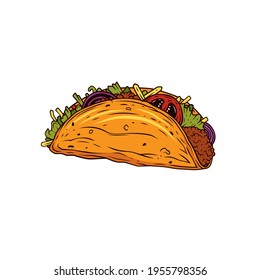 Original vector illustration in vintage style. Juicy tacos with tomatoes and minced meat.