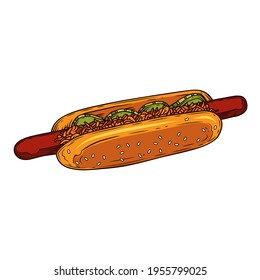 Original vector illustration in vintage style. Danish hot dog with fried onions and pickles.