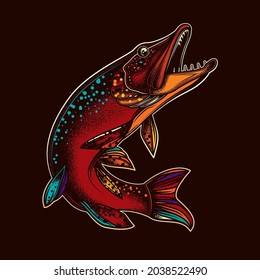 Original vector illustration in vintage style. Fish-pike. T-shirt design, stickers, print.