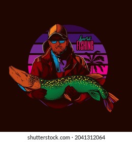 Original vector illustration in vintage style. A male fisherman holds a large fish in his hands against the background of a retro sunset. Design of T-shirts for fishing, stickers, print.