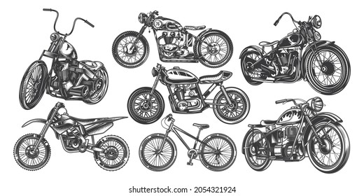 Original vector illustration in vintage style. A set of two-wheeled vehicles.