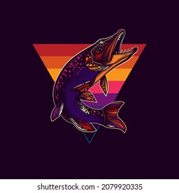 Original vector illustration in vintage style. Fish-pike. T-shirt design, stickers, print.