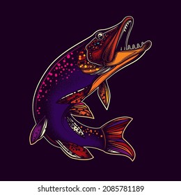 Original vector illustration in vintage style. Fish-pike. T-shirt design, stickers, print.