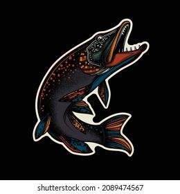 Original vector illustration in vintage style. Fish-pike. T-shirt design, stickers, print.