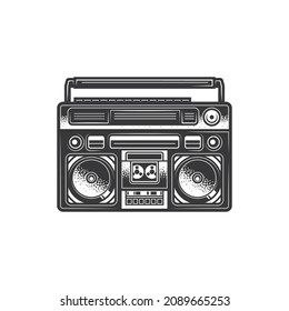 Original vector illustration in vintage style. Boombox. Retro icon portable stereo radio cassette player. T-shirt design. Design element.