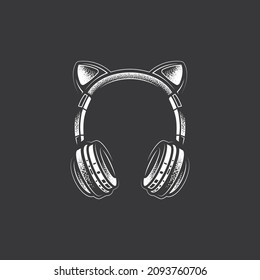 Original vector illustration in vintage style. The icon of full-size wireless stereo headphones with ears on a black background. T-shirt design. A design element.