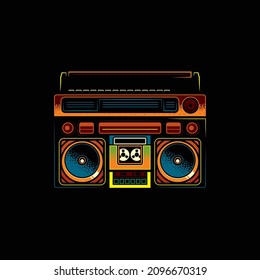 Original vector illustration in vintage style. Retro icons portable stereo cassette recorder. T-shirt design.