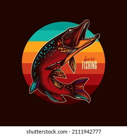 Original vector illustration in vintage style. Pike fish on the background of a sunset in the style of the 80s. T-shirt design, stickers, print.