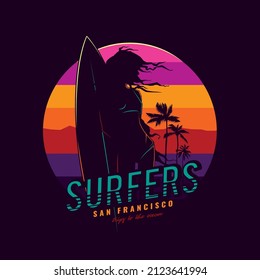Original vector illustration in vintage style. A girl with a surfboard on the background of a retro sunset, mountains and palm trees. T-shirt Design