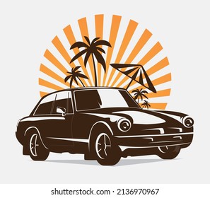 Original vector illustration in vintage style. Vintage car on the background of palm trees and the sun.