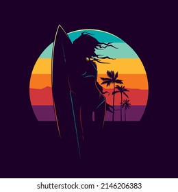 Original vector illustration in vintage style. A girl with a surfboard on the background of a retro sunset, mountains and palm trees. T-shirt Design