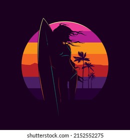 Original vector illustration in vintage style. A girl with a surfboard on the background of a retro sunset, mountains and palm trees. T-shirt Design
