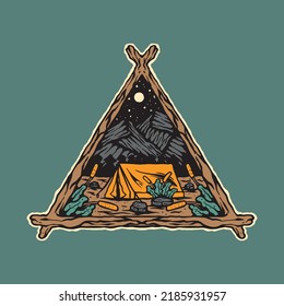 Original vector illustration in vintage style. Vintage camping the background of mountain. Illustration tee print design