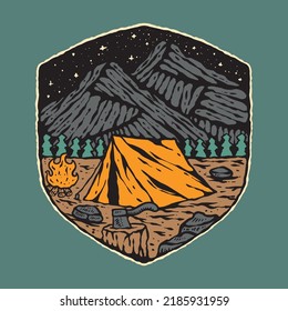 Original vector illustration in vintage style. Vintage camping the background of mountain. Illustration tee print design