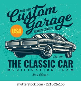 Ilustración vectorial original en estilo vintage. Un viejo coche de carreras vintage. Diseño de camisetas, pegatinas, impresión.