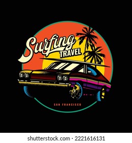 Original vector illustration in vintage style. Vintage car with surfing on the roof, against the background of palm trees and the sun.