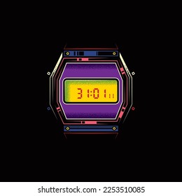 Original vector illustration in vintage style. Old electronic wristwatch with alarm clock and flashlight in retro style. T-shirt design. A design element.