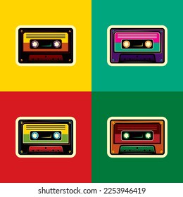 Original vector illustration in vintage style. Retro audio cassettes in different colors. T-shirt design. A design element.