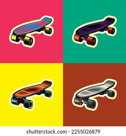 Original vector illustration in vintage style. Skateboard of different colors. T-shirt design. A design element.