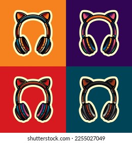 Original vector illustration in vintage style. Full-size wireless stereo headphones with ears in different colors. T-shirt design. A design element.