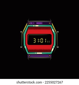 Original vector illustration in vintage style. Old electronic wristwatch with alarm clock and flashlight in retro style. T-shirt design. A design element.