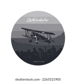 Original vector illustration in vintage style. Bright design in the spirit of the 80-90 years. An old screw plane flying over the night city.