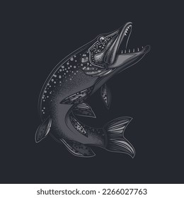Original vector illustration in vintage style. Fish-pike. T-shirt design, stickers, print.