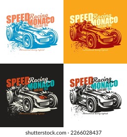 Original vector illustration in vintage style. An old vintage racing car. T-shirt design, stickers, print.