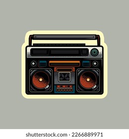 Original vector illustration in vintage style. Boombox. Retro icons portable stereo cassette recorder. T-shirt design.