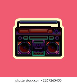 Original vector illustration in vintage style. Boombox. Retro icons portable stereo cassette recorder. T-shirt design.