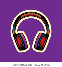 Original vector illustration in vintage style. Full-size, wireless stereo headphones in different colors. T-shirt design. A design element.