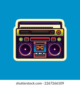 Original vector illustration in vintage style. Boombox. Retro icons portable stereo cassette recorder. T-shirt design.