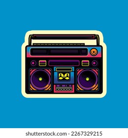 Original vector illustration in vintage style. Boombox. Retro icons portable stereo cassette recorder. T-shirt design.