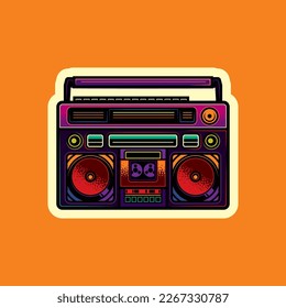 Original vector illustration in vintage style. Boombox. Retro icons portable stereo cassette recorder. T-shirt design.