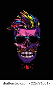 Original vector illustration in vintage style. A hipster skull with a trendy hairstyle, mustache and glasses. T-shirt design, design element.