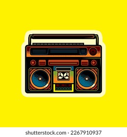 Original vector illustration in vintage style. Boombox. Retro icons portable stereo cassette recorder. T-shirt design.