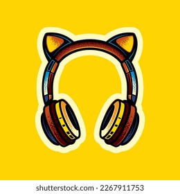 Ilustración vectorial original en estilo vintage. Auriculares estéreo inalámbricos de tamaño completo con orejas de colores diferentes. Diseño de camisetas. Un elemento de diseño.