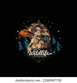 Original vector illustration in vintage style. Bald eagle on the background of mountains. T-shirt design, design element.